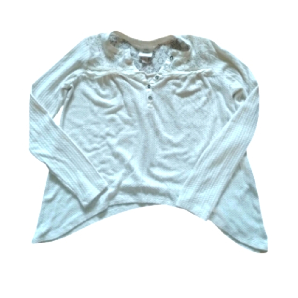 Knox Rose Long Sleeve Quarter Button Up Shirt w/ lace detail Cream - Picture 1 of 4